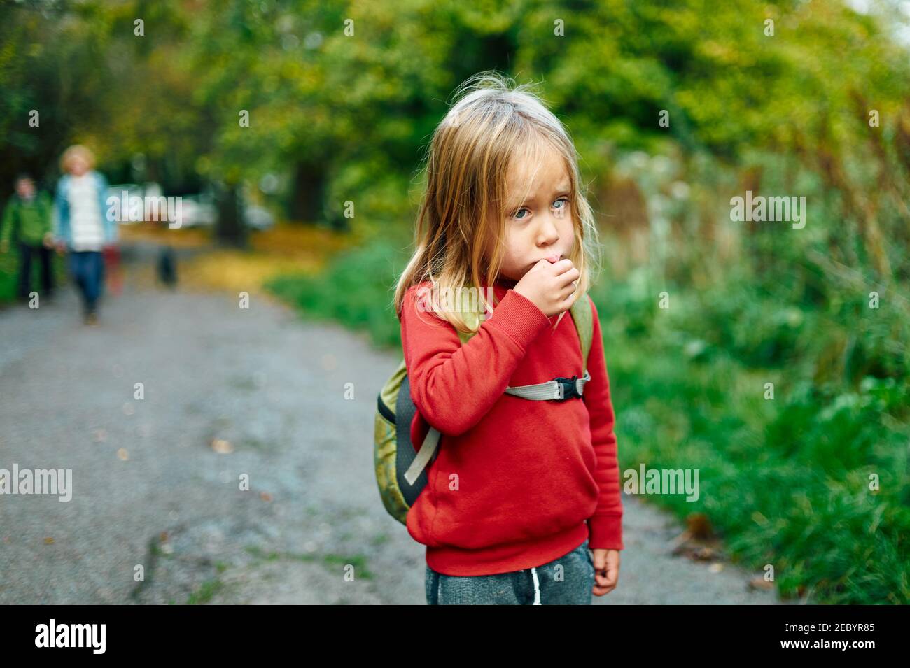 Un poco de preescolar está de pie en un camino en el woods en un día de otoño Foto de stock