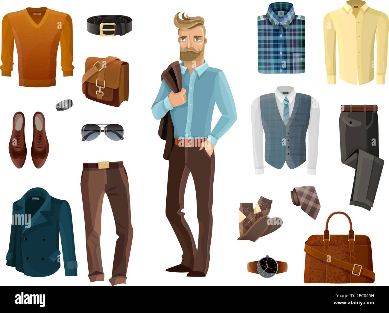 Moda ropa formal zapatos accesorios conjunto y hipster hombre con capa sobre su hombro en medio sobre dibujos animados de fondo blanco ilust vector aislado Ilustración del Vector