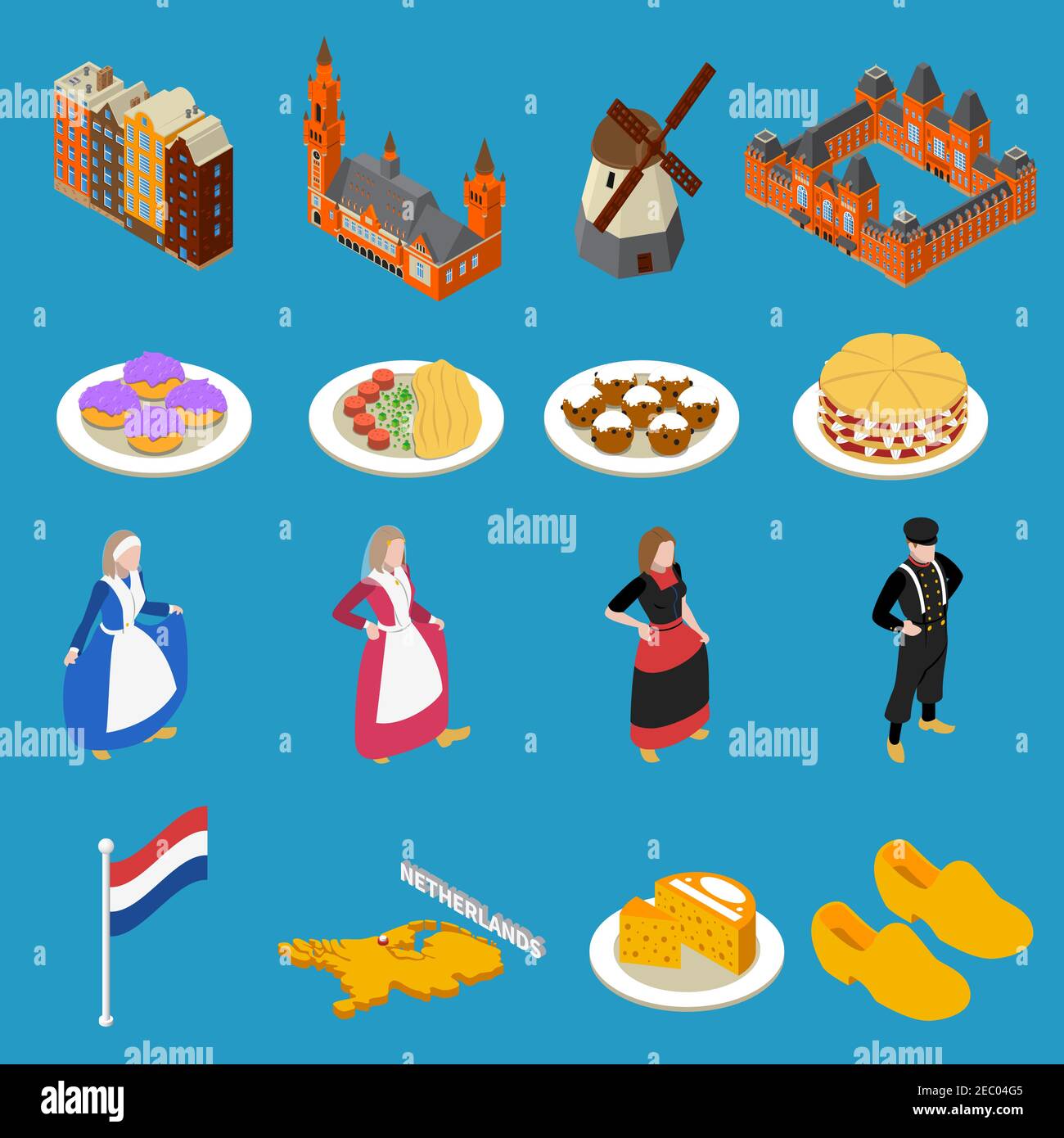 Conjunto de colores iconos isométricos diferentes atracciones turísticas  países Bajos queso molino nacional ropa vector ilustración Imagen Vector de  stock - Alamy