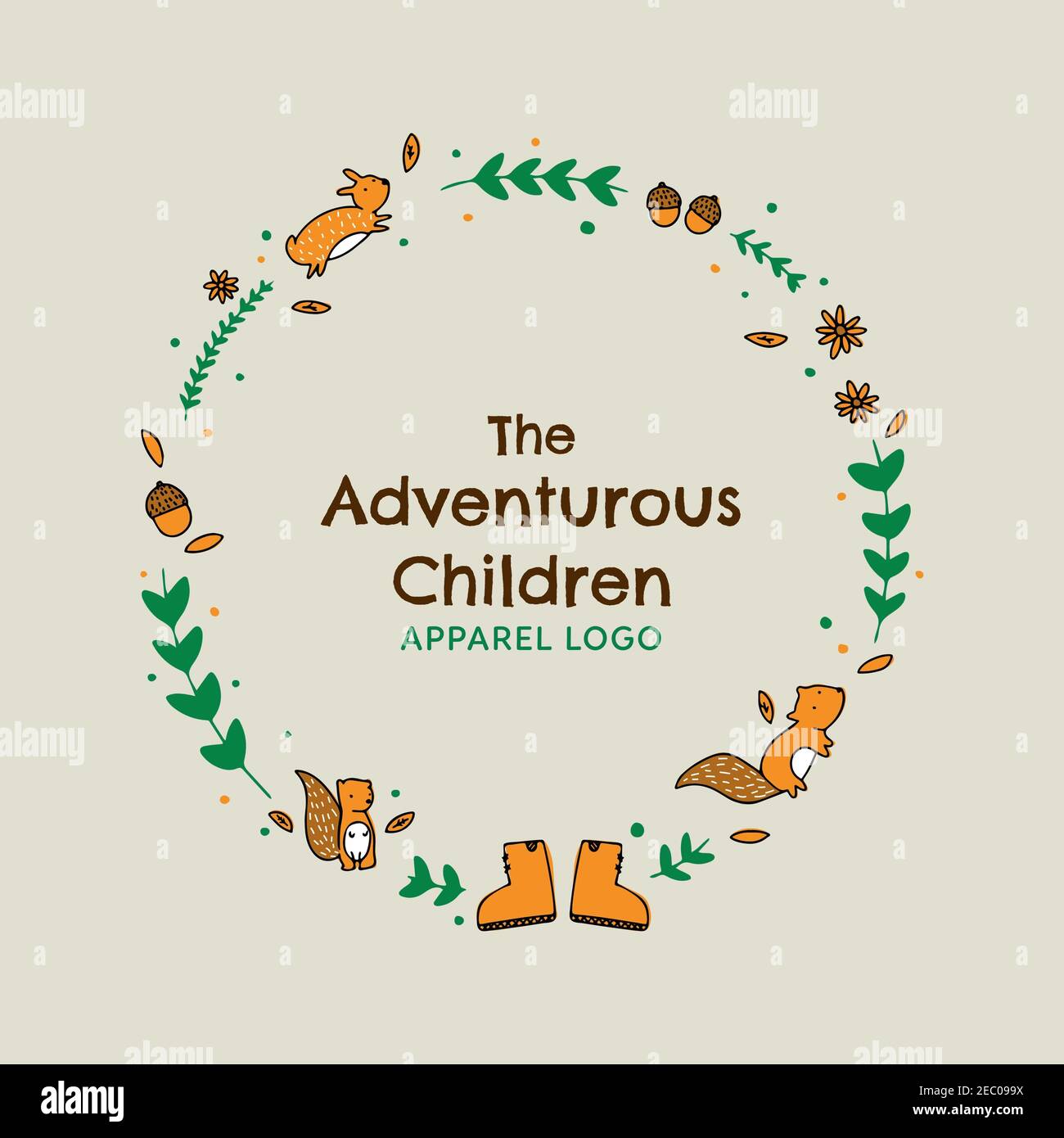 plantilla de diseño de logotipo para prendas infantiles con iconos de bosque Foto de stock