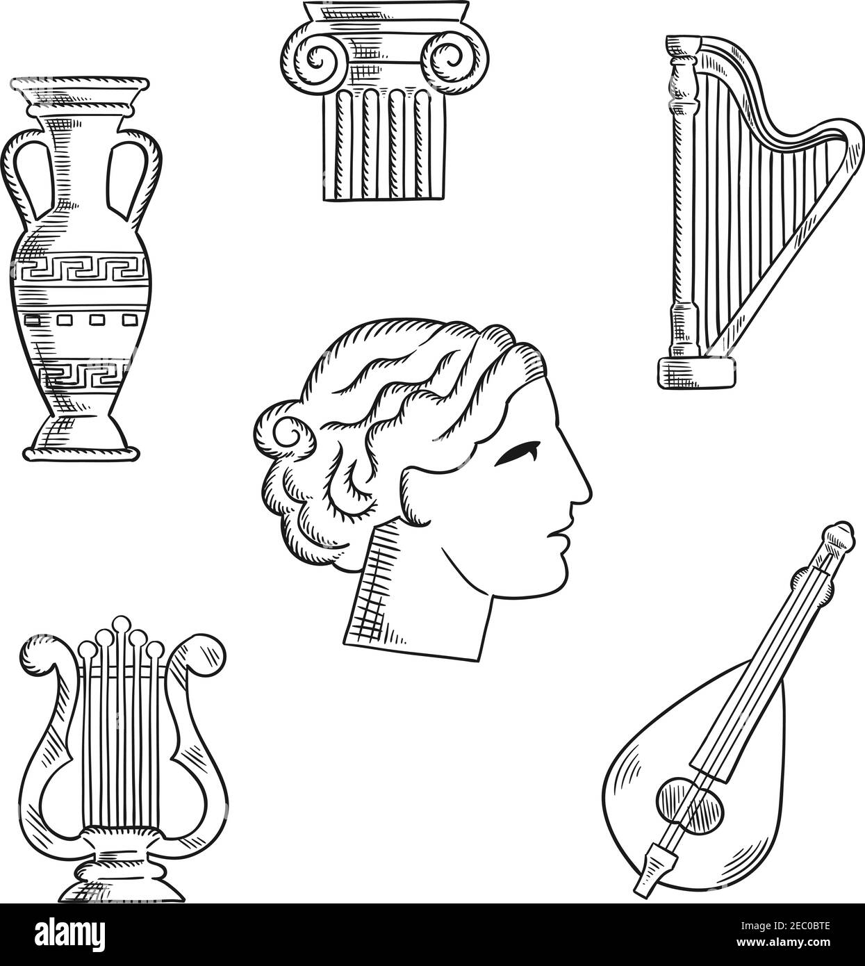 El arte clásico y los instrumentos musicales trazan iconos con una lira y  una ánfora, capital en una columna, arpa y cabeza de mujer Imagen Vector de  stock - Alamy