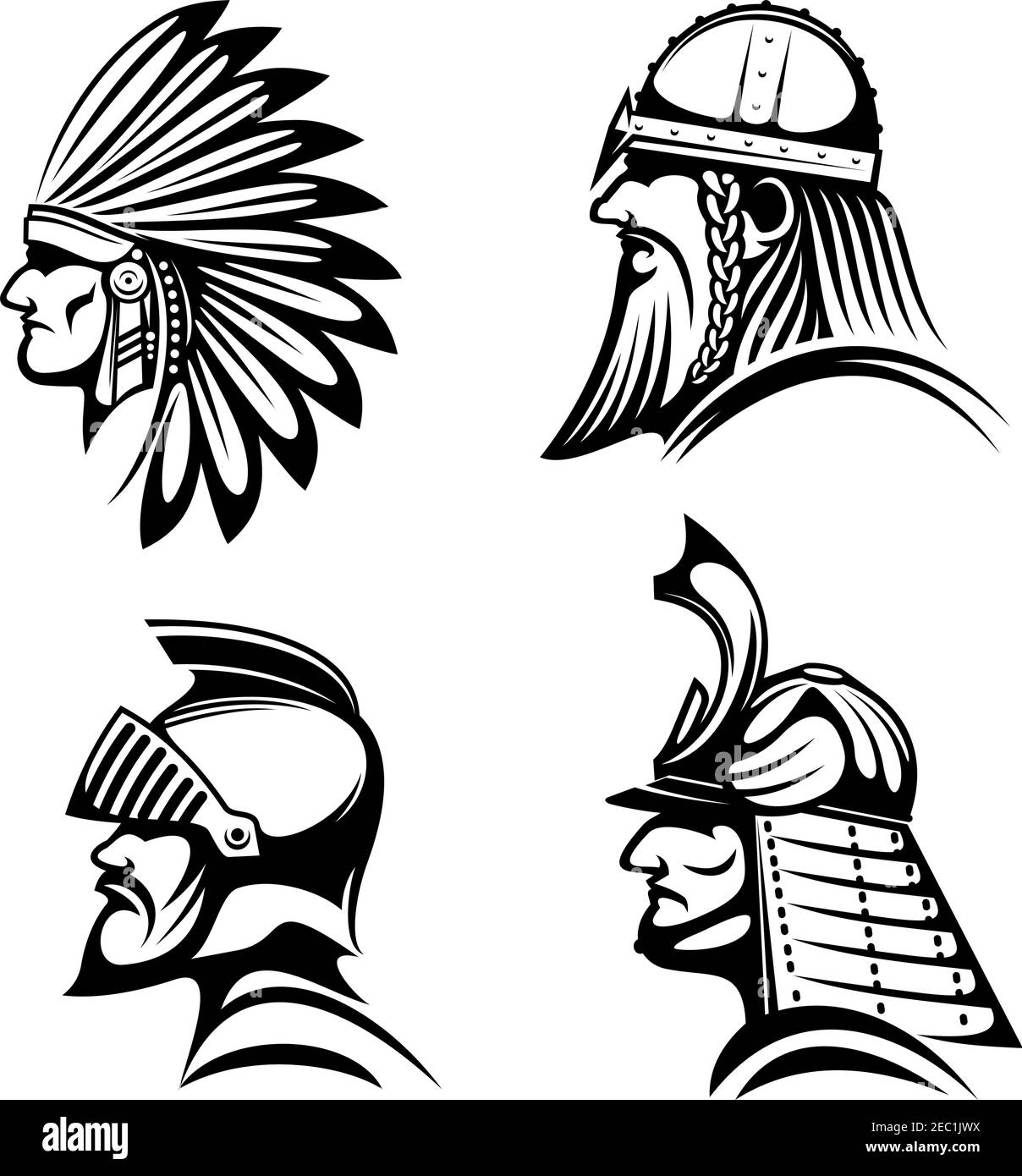 Antiguos guerreros en cascos iconos con perfiles de caballero medieval,  soldado vikingo con barba, samurai japonés y nativo americano indio en la  pluma de la hea Imagen Vector de stock - Alamy