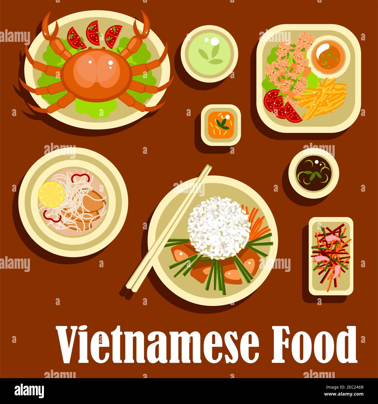 Platos frescos y saludables de la cocina vietnamita con iconos planos de  carne a la parrilla con arroz, limoncillo y palos de zanahoria, cangrejo,  ensalada de camarones, noodl de arroz Imagen Vector