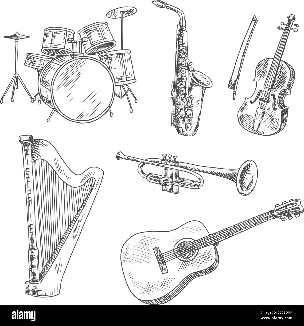 Saxofón, violín, batería, guitarra acústica, trompeta y arpa bosquejos  aislados. Instrumentos musicales de grabado vintage para artes, música y  entretenimiento Imagen Vector de stock - Alamy