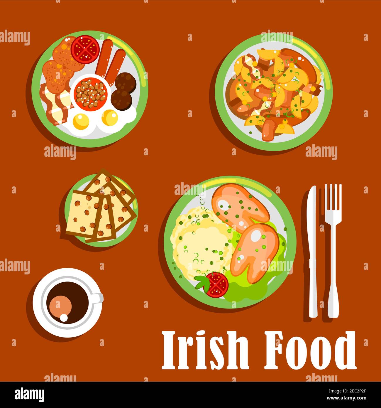 Desayuno irlandés tradicional icono con huevos fritos y salchichas, frijoles y tomates horneados, carne y verduras de raíz estofado, puré de patatas rematadas con ebullición Ilustración del Vector