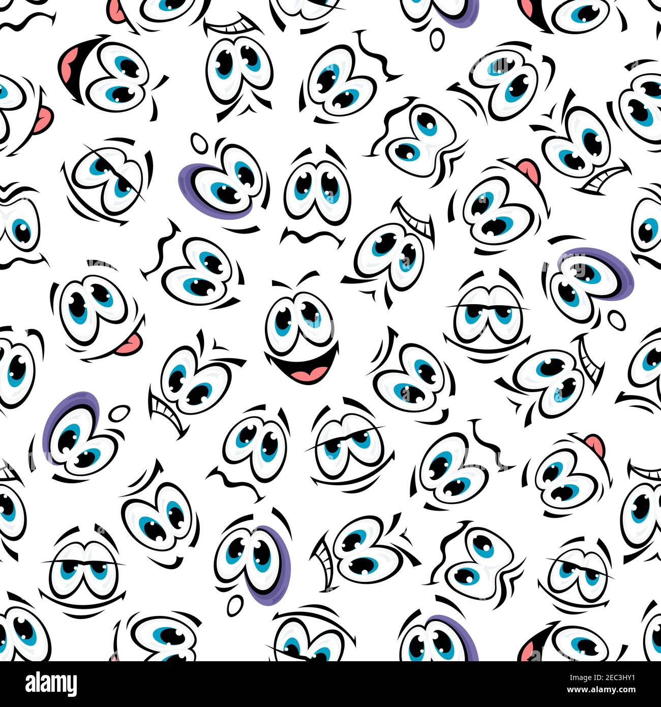 Caritas de dibujos animados sin costuras patrón de emoticones graciosos personajes con varias expresiones emocionales, ojo perforado y lengua hacia fuera sobre fondo blanco Imagen Vector de stock - Alamy Caritas de dibujos animados sin costuras patrón de emoticones graciosos personajes con varias expresiones emocionales, ojo perforado y lengua hacia fuera sobre fondo blanco Imagen Vector de stock - Alamy