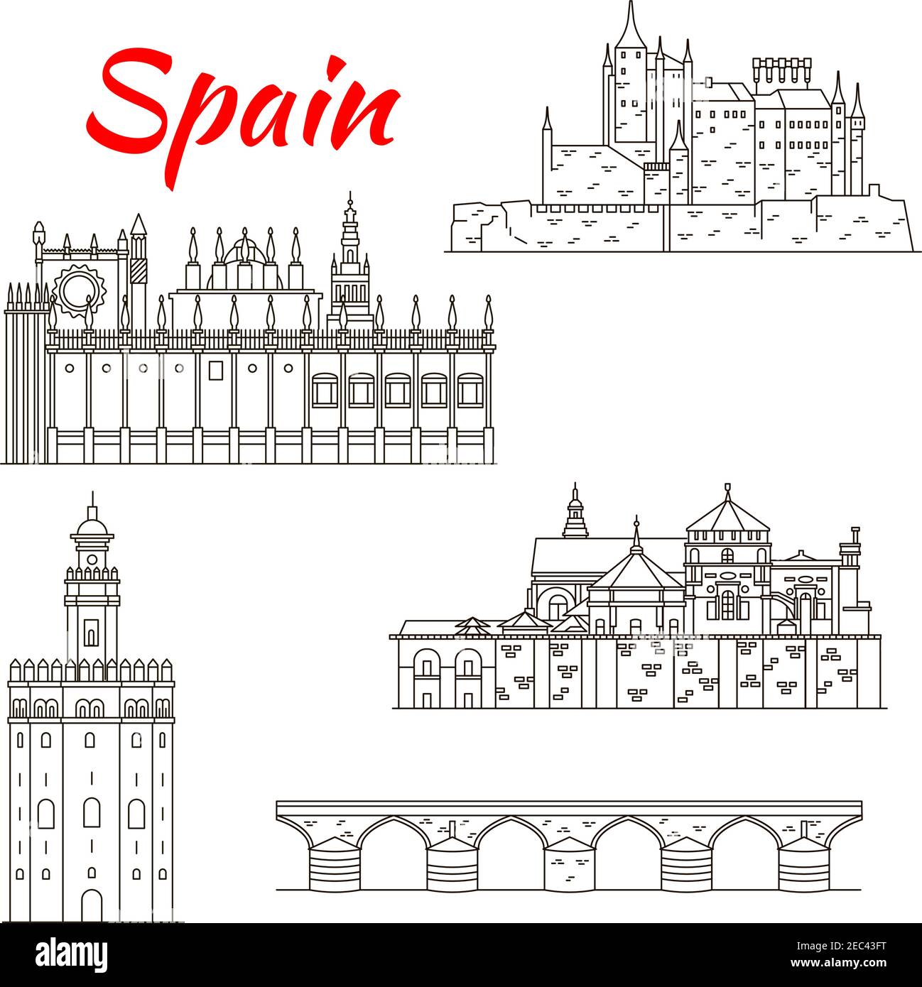 Patrimonio arquitectónico mundial de España icono lineal de la Fortaleza Alcázar, el puente romano y la Mezquita-Catedral de Córdoba, la Catedral y la Torre de Oro en Sev Ilustración del Vector