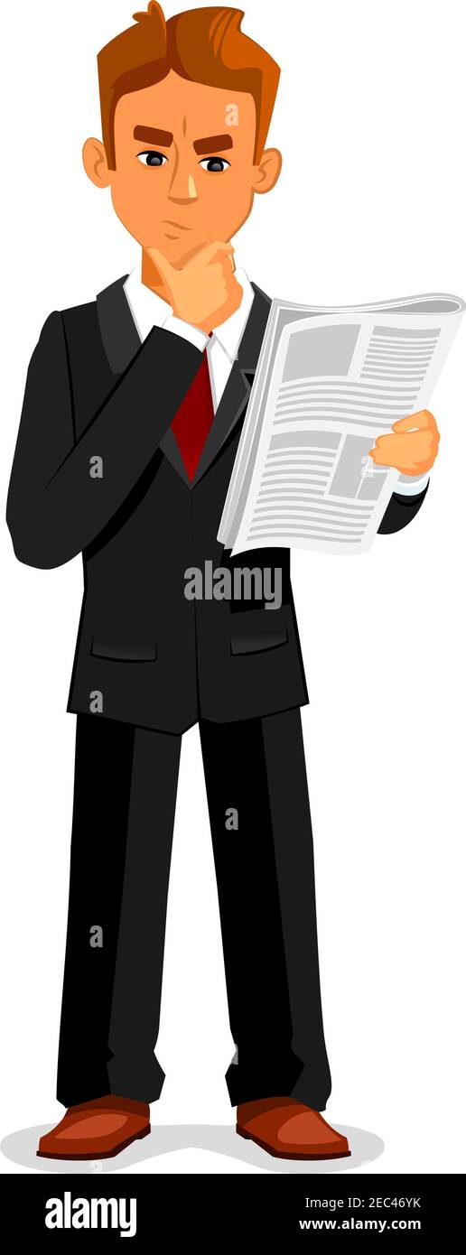  Un hombre de negocios pensativo de dibujos animados está leyendo el periódico. Una ilustración completa de un joven en un traje de negocios es leer el periódico y toki Imagen Vector de
