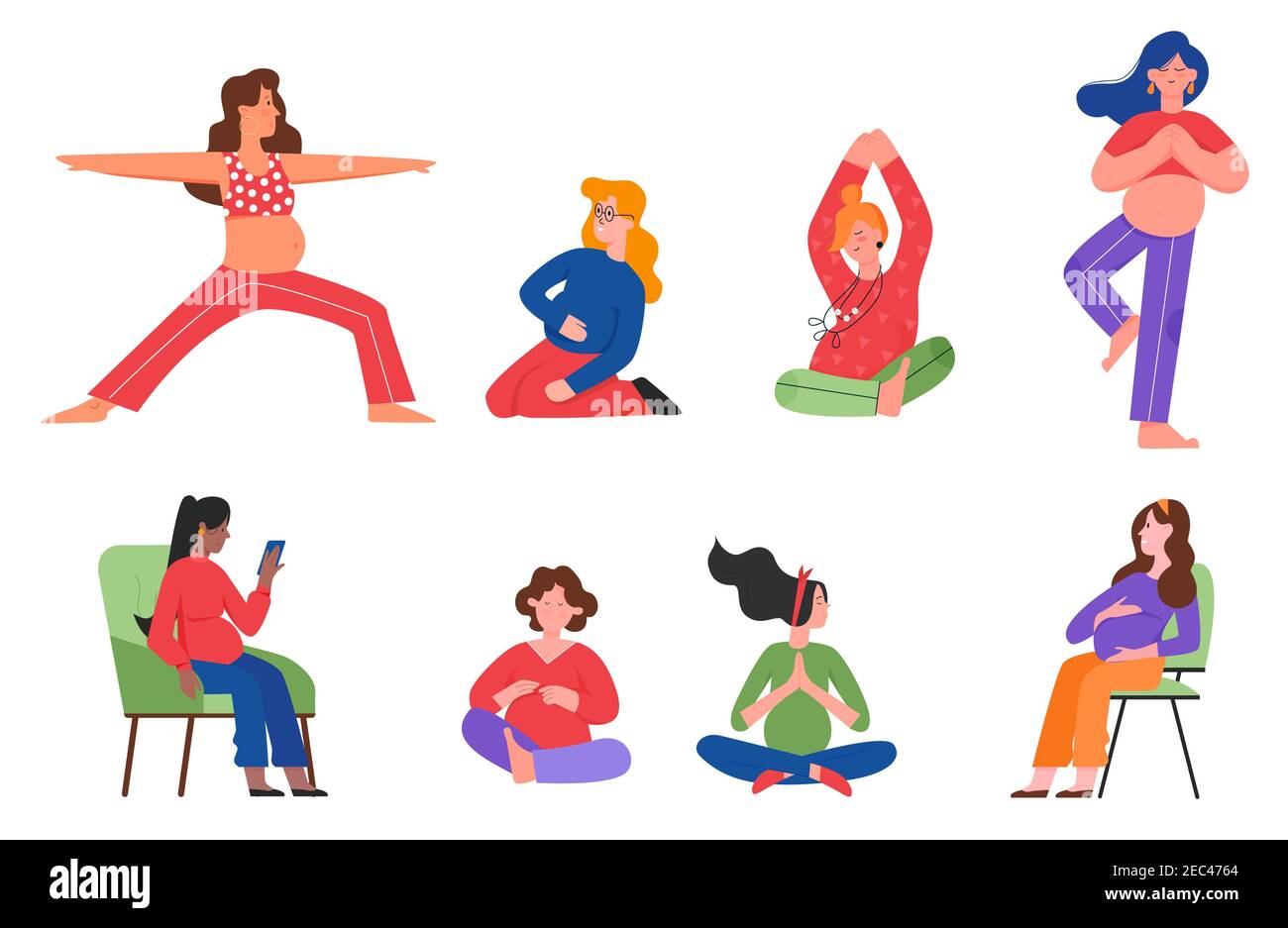 La mujer embarazada presenta un conjunto de ilustración vectorial. Cartoon actividades diarias en el hogar, joven personaje femenino feliz practicando yoga, utilizando el teléfono para comunicarse en diferentes posturas de embarazo aisladas sobre blanco Ilustración del Vector
