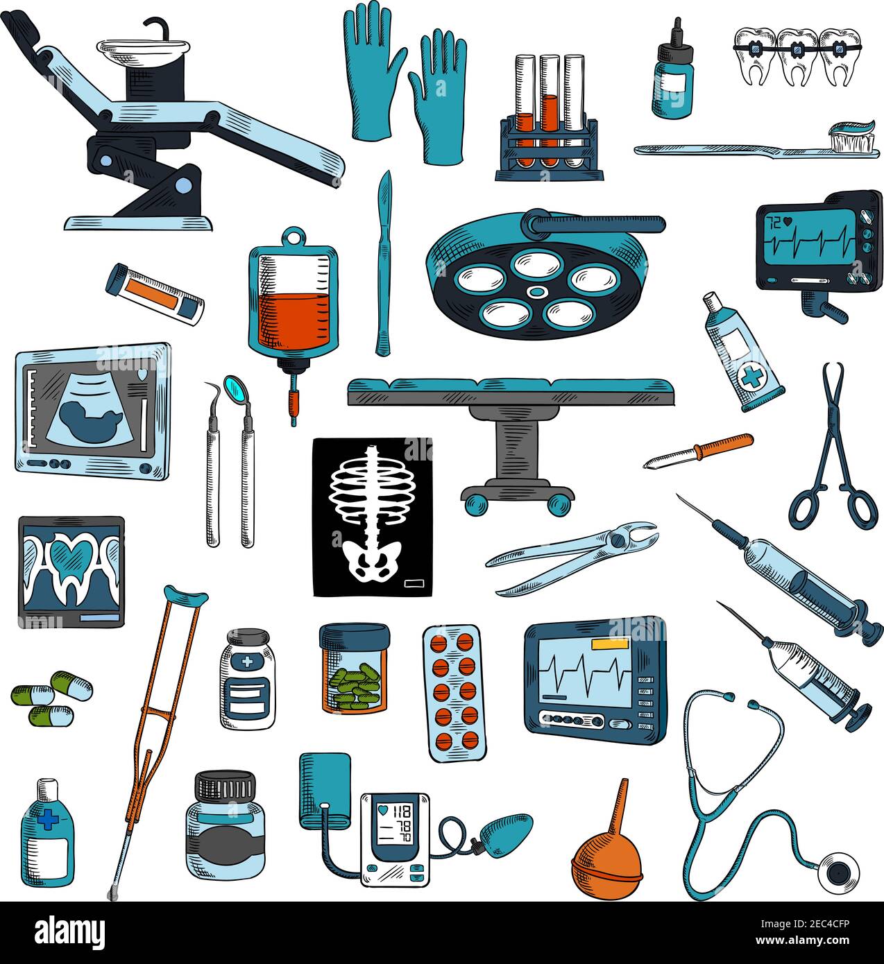 Instrumentos médicos y equipos para cirugía, odontología y medicina general  bocetos coloreados con mesa de operaciones y silla de dentista con  herramientas y Imagen Vector de stock - Alamy