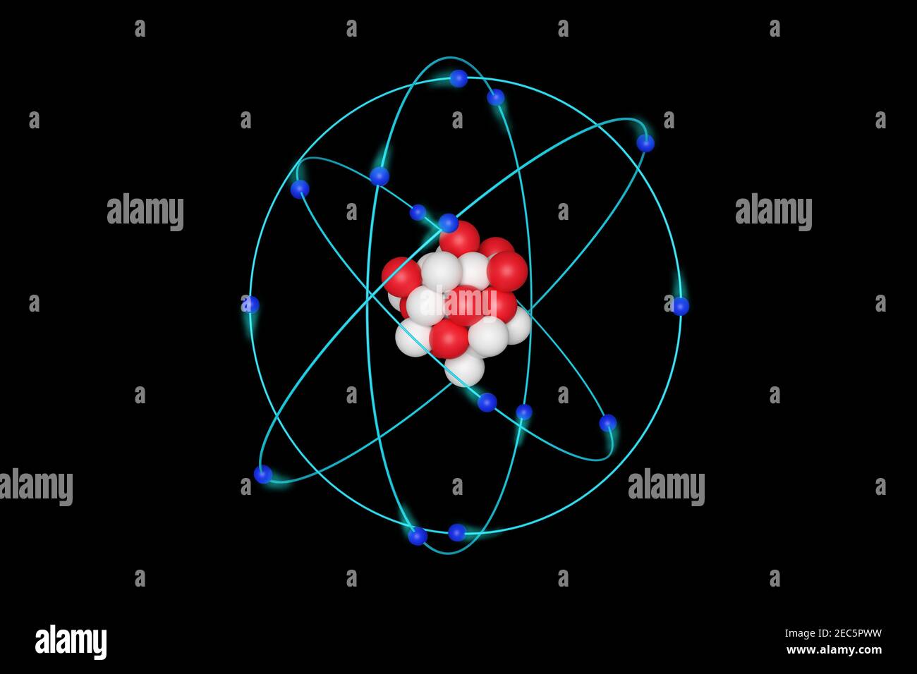 ATOM. Modelo de estructura atómica con núcleo, electrones y órbitas aisladas sobre fondo negro. ilustración 3d. Foto de stock