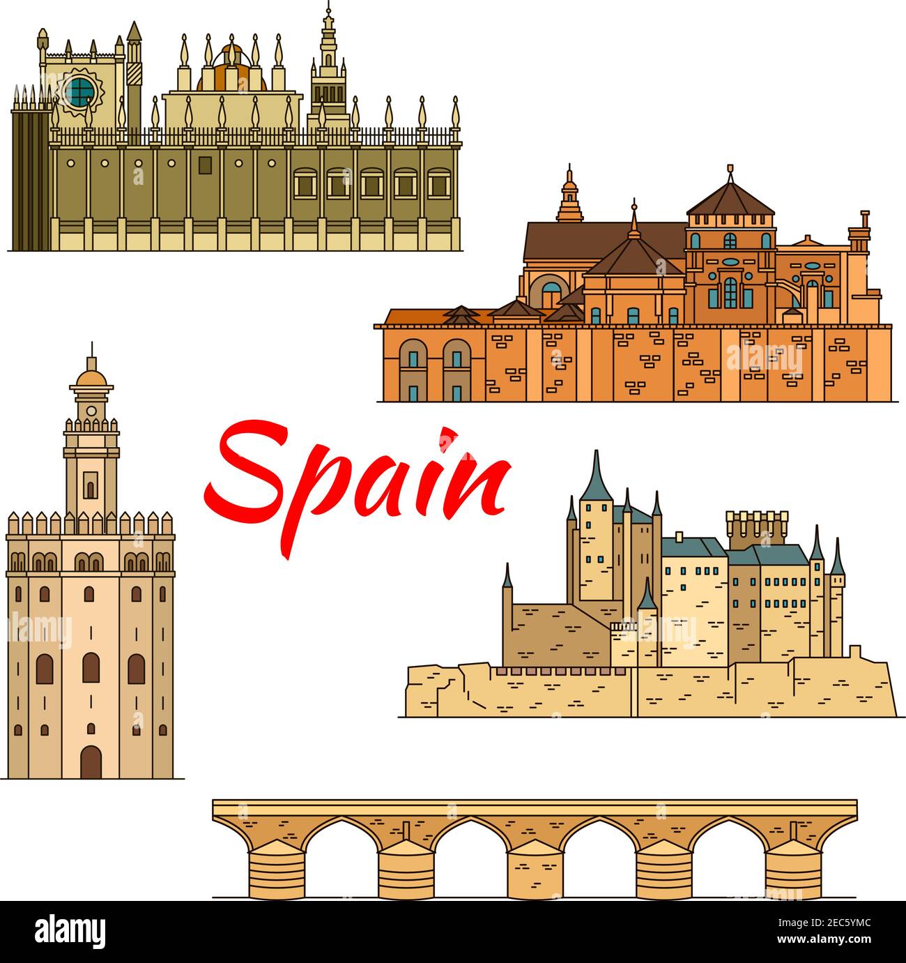 Recorrido histórico español puntos de referencia de línea fina icono del castillo árabe Alcázar de Segovia, Gran Catedral de Córdoba con puente romano, Catedral de Sa Ilustración del Vector