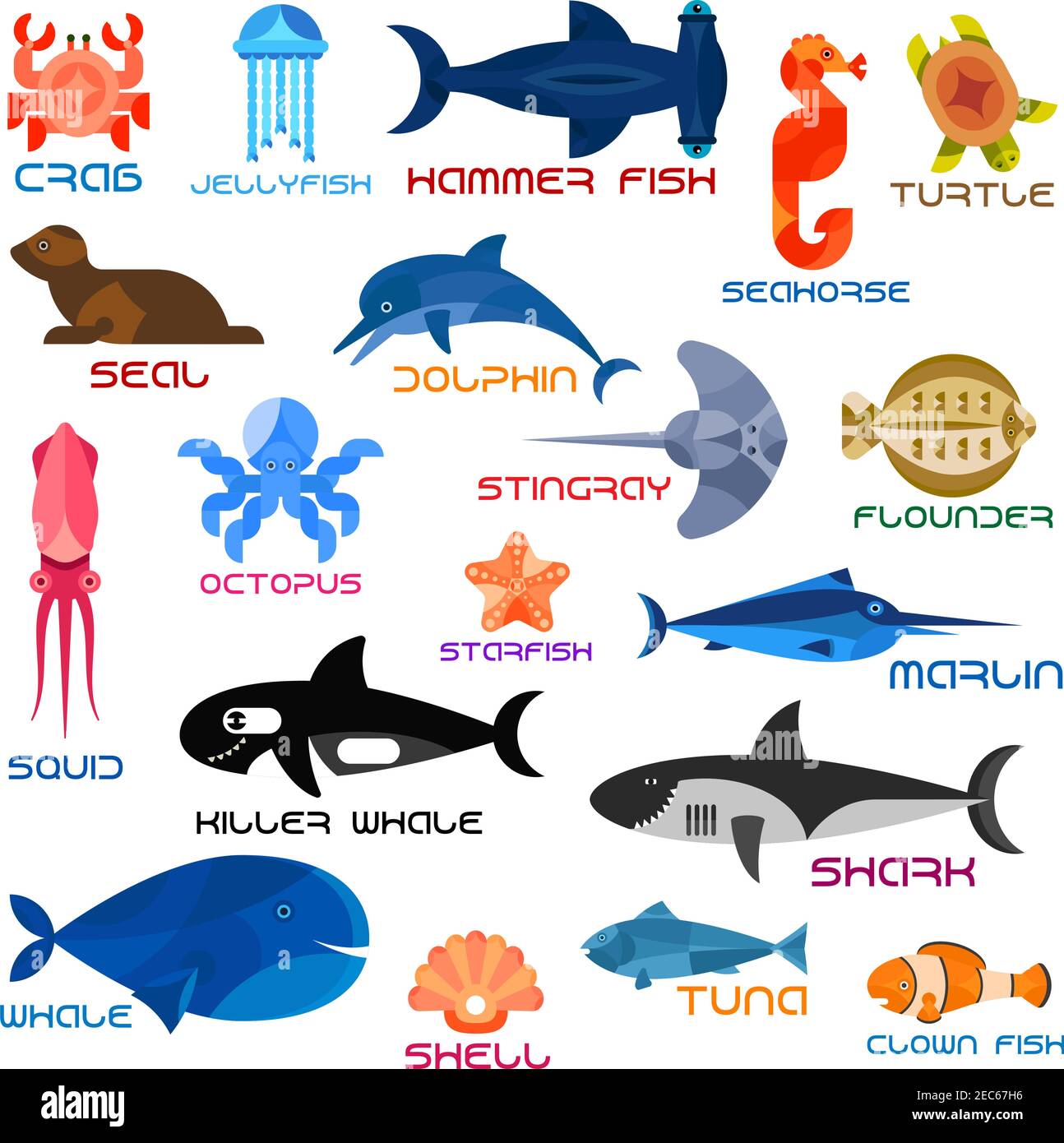 Oceanarium animales y peces. Iconos de mar y mar vector de cangrejo,  medusas, pez martillo, caballito de mar, tortuga, foca, delfín, calamar,  pulpo, stingr Imagen Vector de stock - Alamy