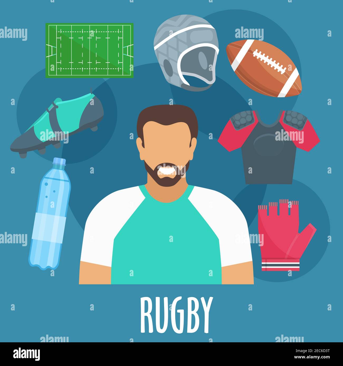 Equipo deportivo de rugby y elementos de ropa. Jugador de rugby con  accesorios. Vector indumentaria iconos de guante, botella, pelota, casco,  campo de juego, shir Imagen Vector de stock - Alamy
