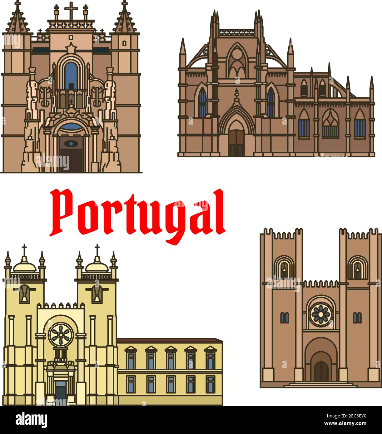 Monumentos históricos y edificios de Portugal. Dibujos de arte vectorial  del Monasterio de Batalha, Catedral de Oporto, Catedral patriarcal, María  mayor, Sant Imagen Vector de stock - Alamy
