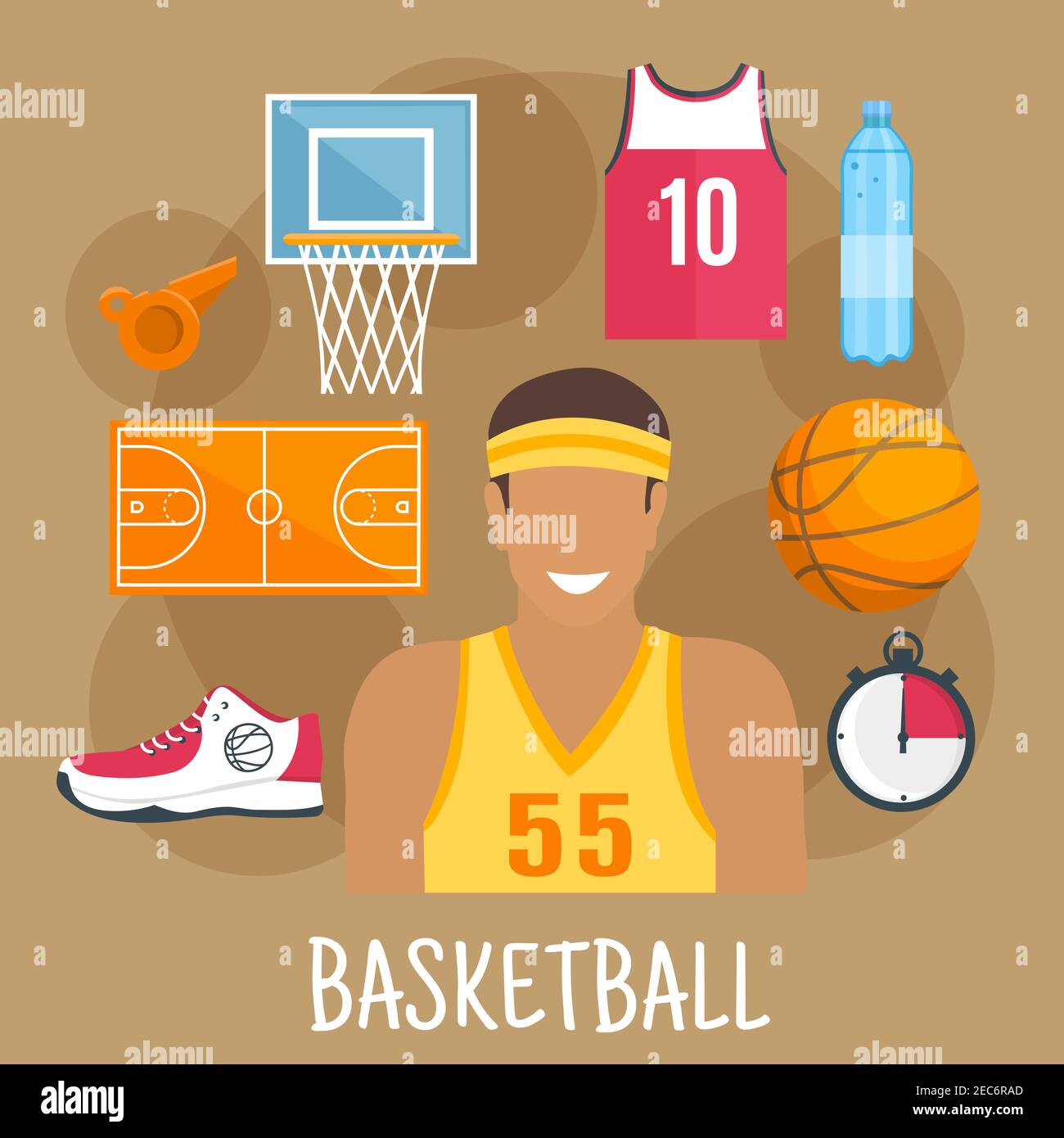 Símbolo de juego de baloncesto para el diseño de tema de deportes de pelota  con guardia jugador en camiseta y cinta de pelo amarillo, pelota, cancha y  backboard con cesta, camiseta roja