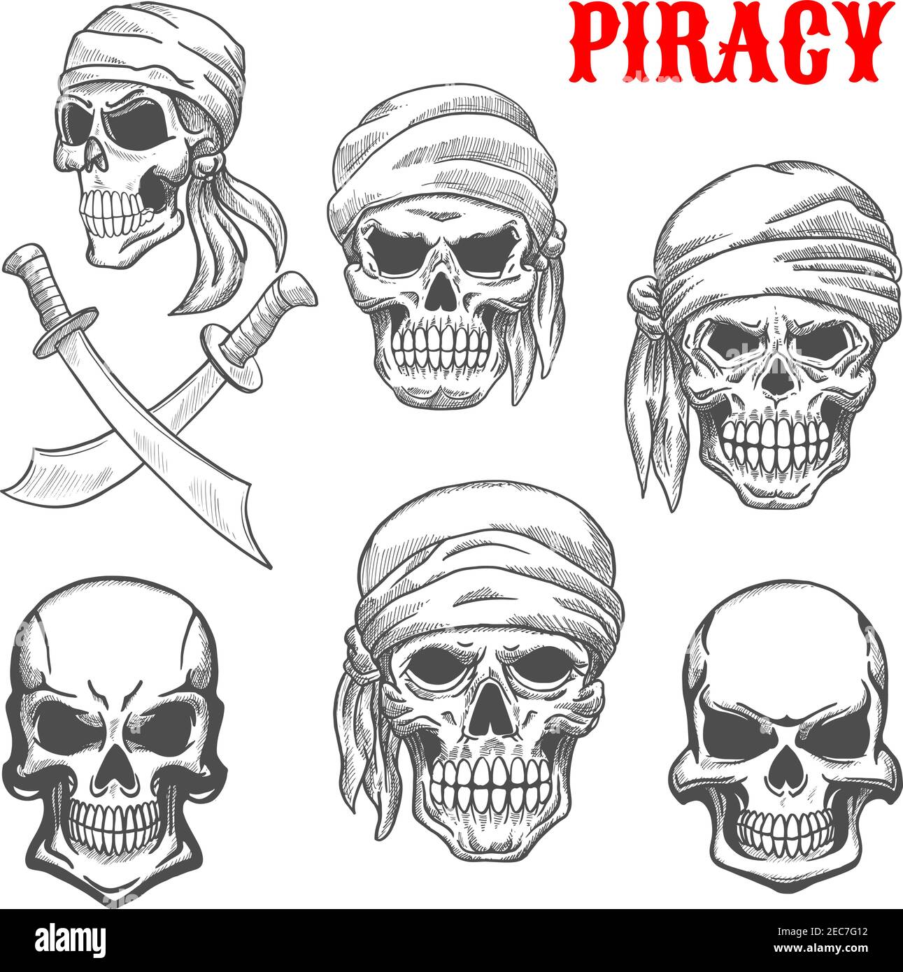 Cráneos piratas en bufandas de cabeza. Iconos de dibujo artístico de lápiz. Cranium y crossbones en estilo de piratería para dibujos animados, etiqueta, tatuaje, camiseta, puesto de halloween Imagen Vector de stock - Cráneos piratas en bufandas de cabeza. Iconos de dibujo artístico de lápiz. Cranium y crossbones en estilo de piratería para dibujos animados, etiqueta, tatuaje, camiseta, puesto de halloween Imagen Vector de stock -