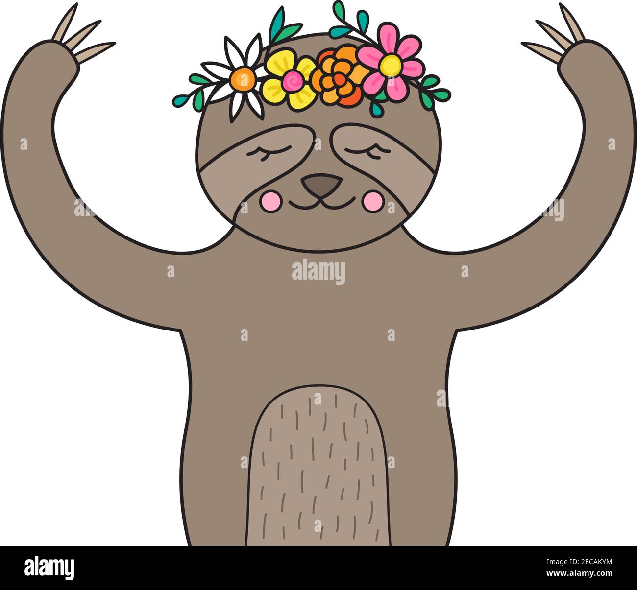 Linda ilustración de vector perezoso. Dibujado a mano bosquejado animal perezoso con corona de flores en la cabeza. Aislado. Ilustración del Vector