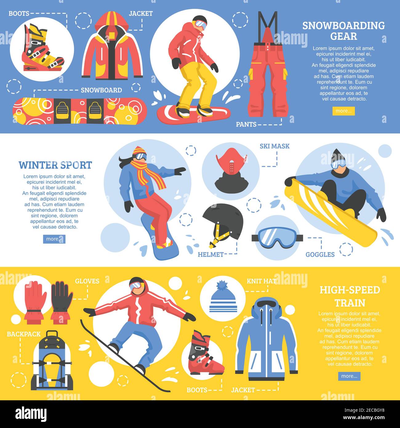 Banners horizontales de snowboard con publicidad de equipo y herramientas  para ilustración de vector plano para deportes de invierno extremos Imagen  Vector de stock - Alamy