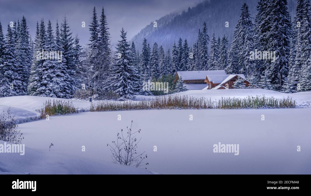 Christmas Card escena del paisaje de nieve en la estación de esquí de Sun Peaks en las tierras altas de Shuswap de British Columbia, Canadá Foto de stock