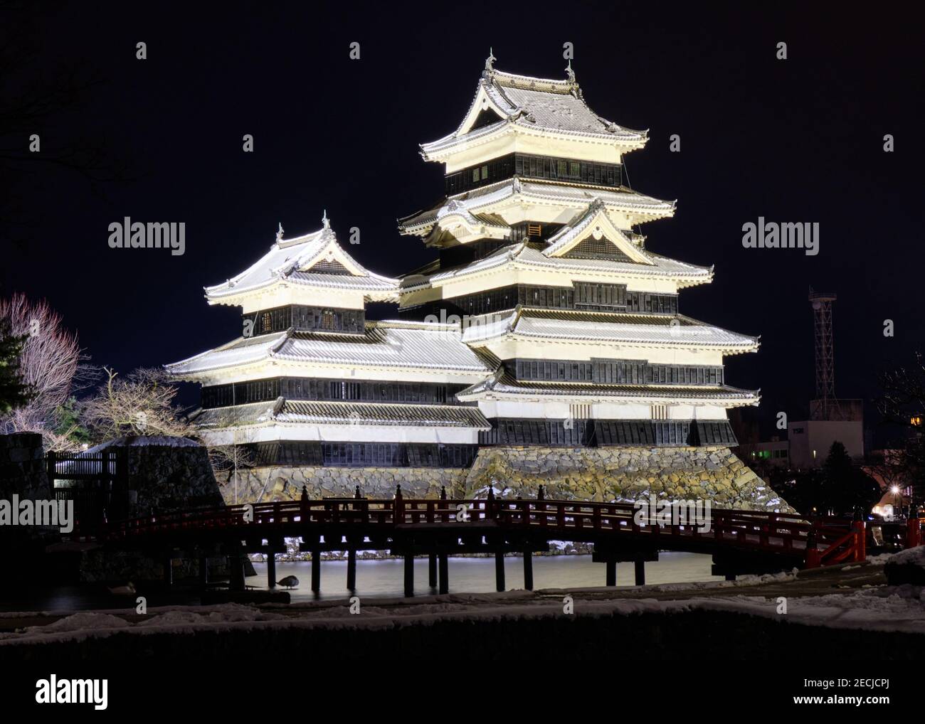 El Castillo de Matsumoto, iluminado en blanco por la noche en invierno Foto de stock