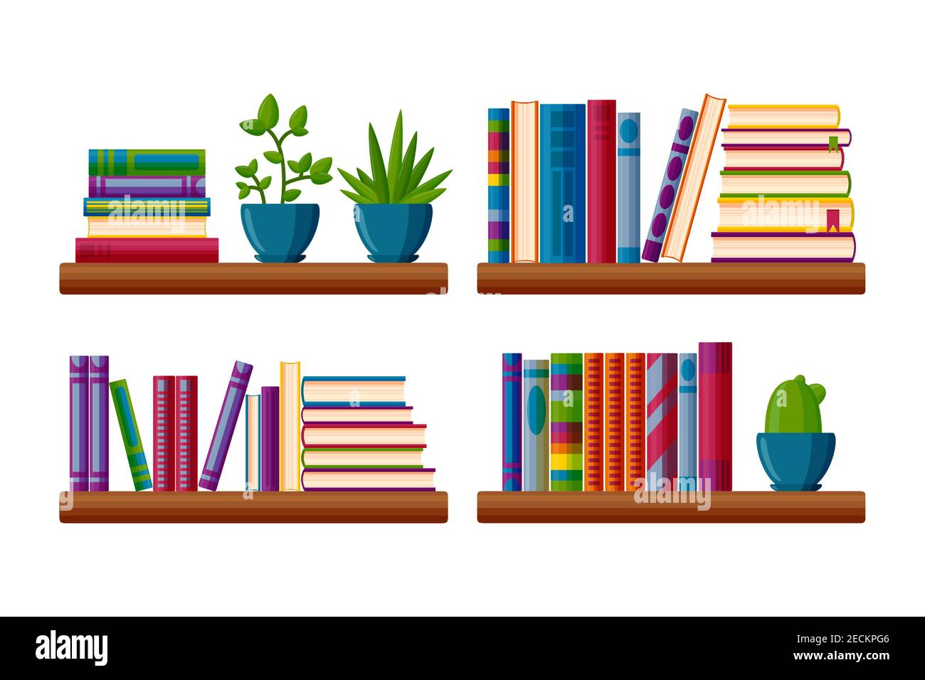 Estantes con libros y plantas en macetas. Libros en estilo de dibujos  animados. Ilustración vectorial aislada sobre fondo blanco Imagen Vector de  stock - Alamy