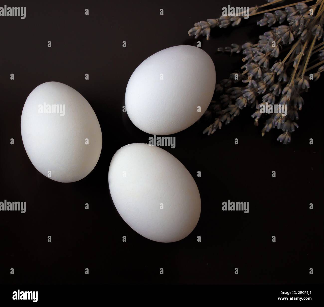 Tres huevos blancos sobre fondo oscuro con lavanda. Vista desde arriba. Huevos de Pascua. Foto de stock
