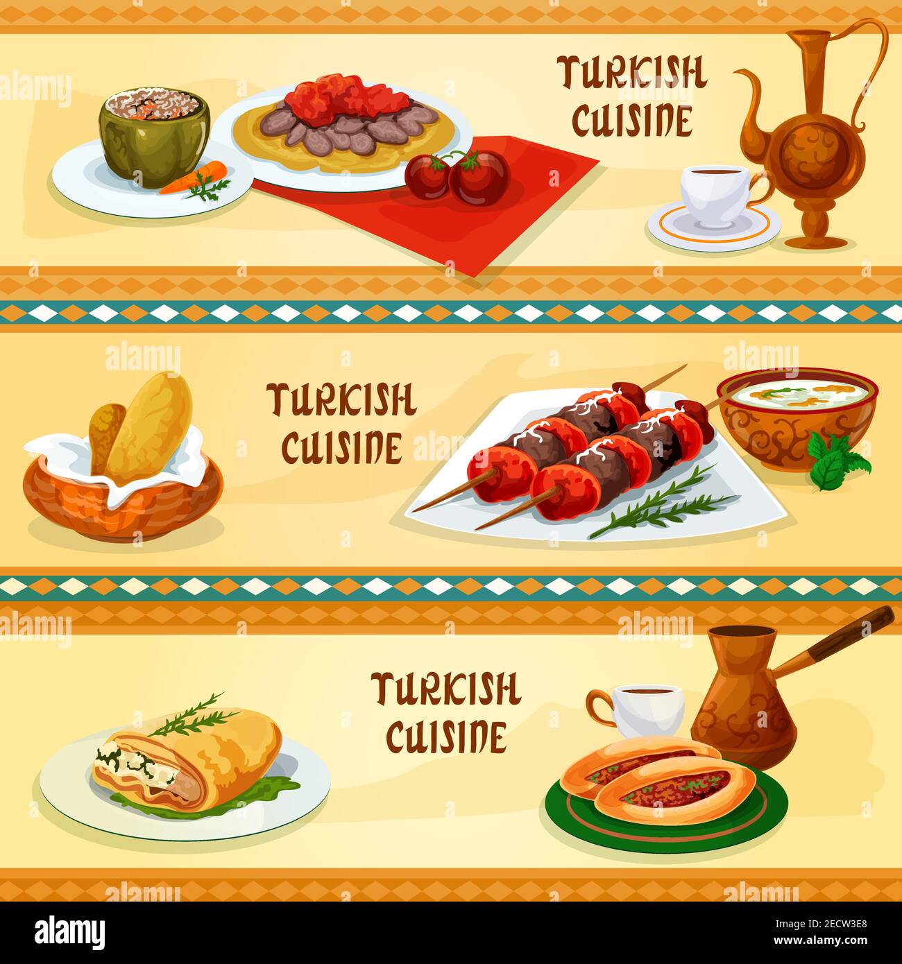 Restaurante de cocina turca pancartas con brochetas de carne shish kebab, pan plano con kebab iskander y salsa, café, pimienta rellena, pastel de carne, Ilustración del Vector