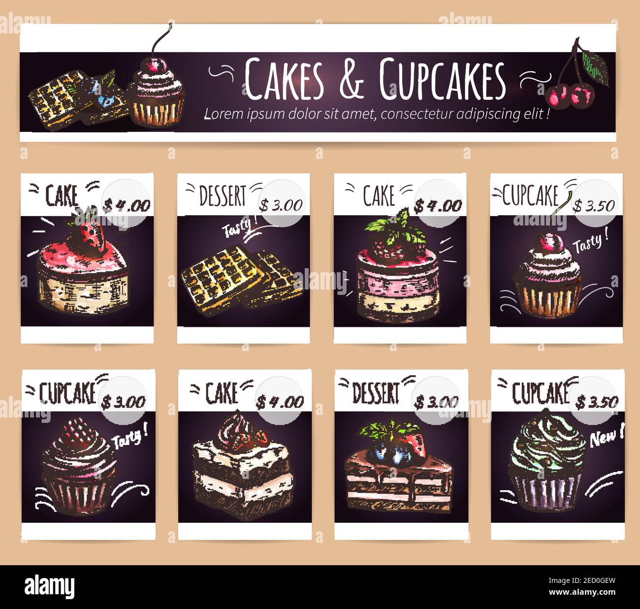 Plantilla de diseño de menú de cafetería y pastelería. Cupcakes, pasteles y  postres dulces esboza iconos con precios para el menú de pastelería Imagen  Vector de stock - Alamy
