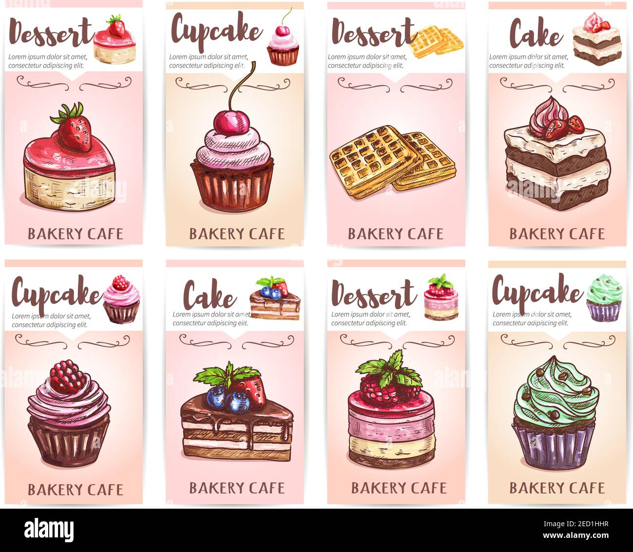 Café, cafetería, menú de postres de pastelería. Esbozar iconos de