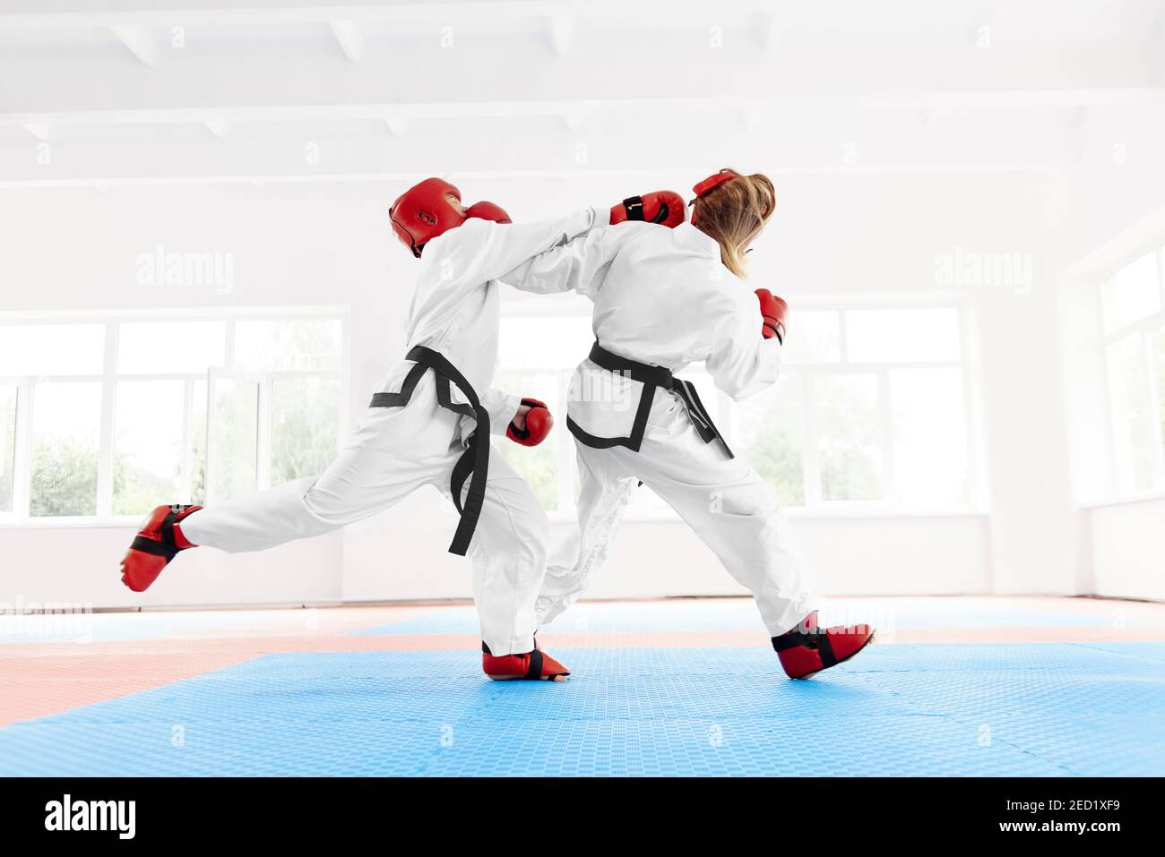 Ajuste el karate femenino peoffesional usando en kimono con cinturón negro  pateando a la cabeza de otro boxeador. Luchador con guantes protectores  rojos y casco w Fotografía de stock - Alamy