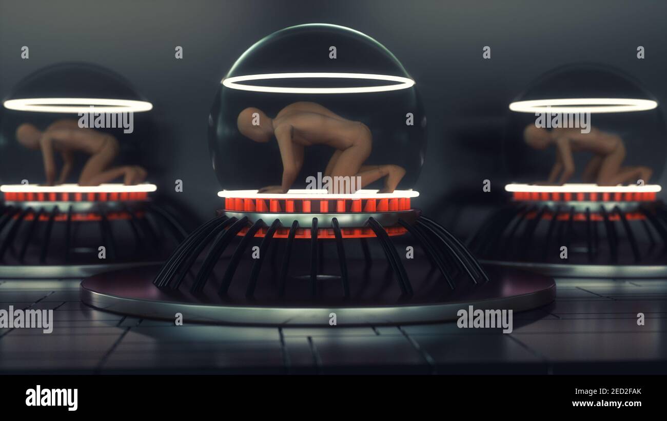 renderización 3d. Escena futurista y figura humanoide Foto de stock