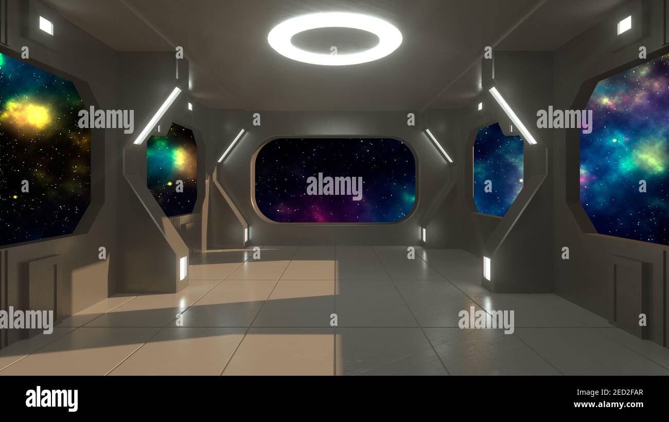 renderizar en 3d. Pasillo futurista. Concepto de arquitectura moderna y nave espacial interior Foto de stock