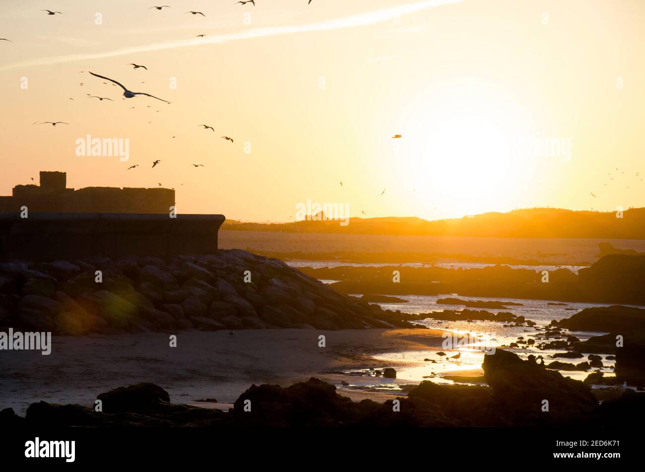 Puesta de sol con pájaros voladores acantilados y el océano en Marruecos Foto de stock