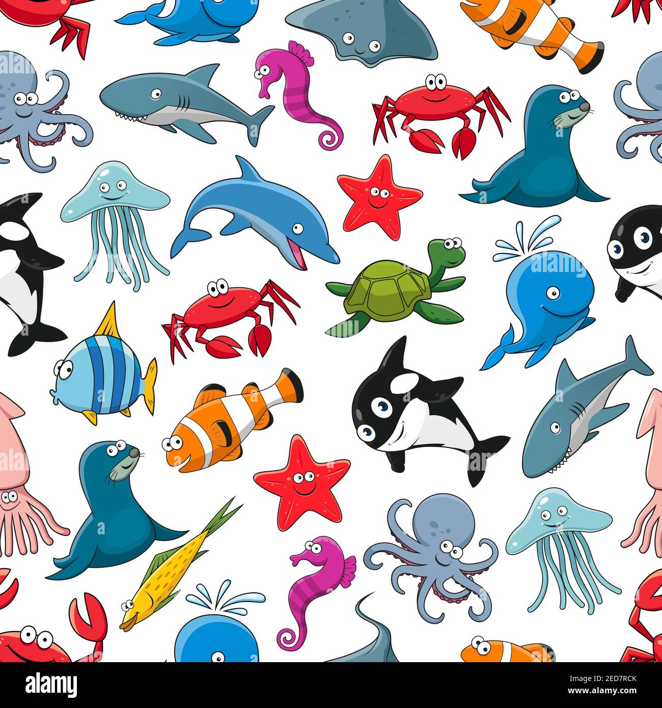 Dibujo de dibujos animados de peces de mar y animales de mar, estrellas de  mar y caballitos de mar, calamares y medusas, focas, delfines y ballenas de  tiburón, cangrejos de langosta, pulpo,