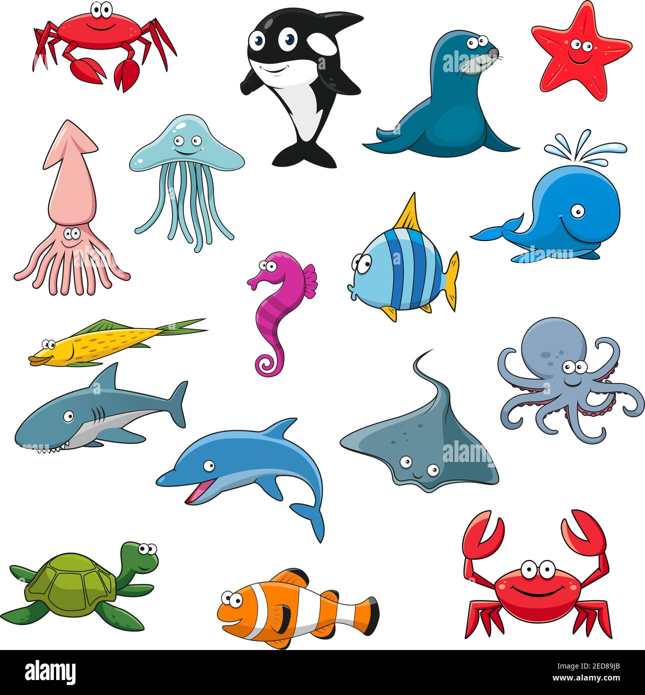 Vida marina o dibujos animados bajo el agua animal aislado. Sonriendo peces de mar y pulpo de mar, estrellas de mar y medusas, tiburón y ballena, becerro de foca y raya, c Vida marina o dibujos animados bajo el agua animal aislado. Sonriendo peces de mar y pulpo de mar, estrellas de mar y medusas, tiburón y ballena, becerro de foca y raya, c