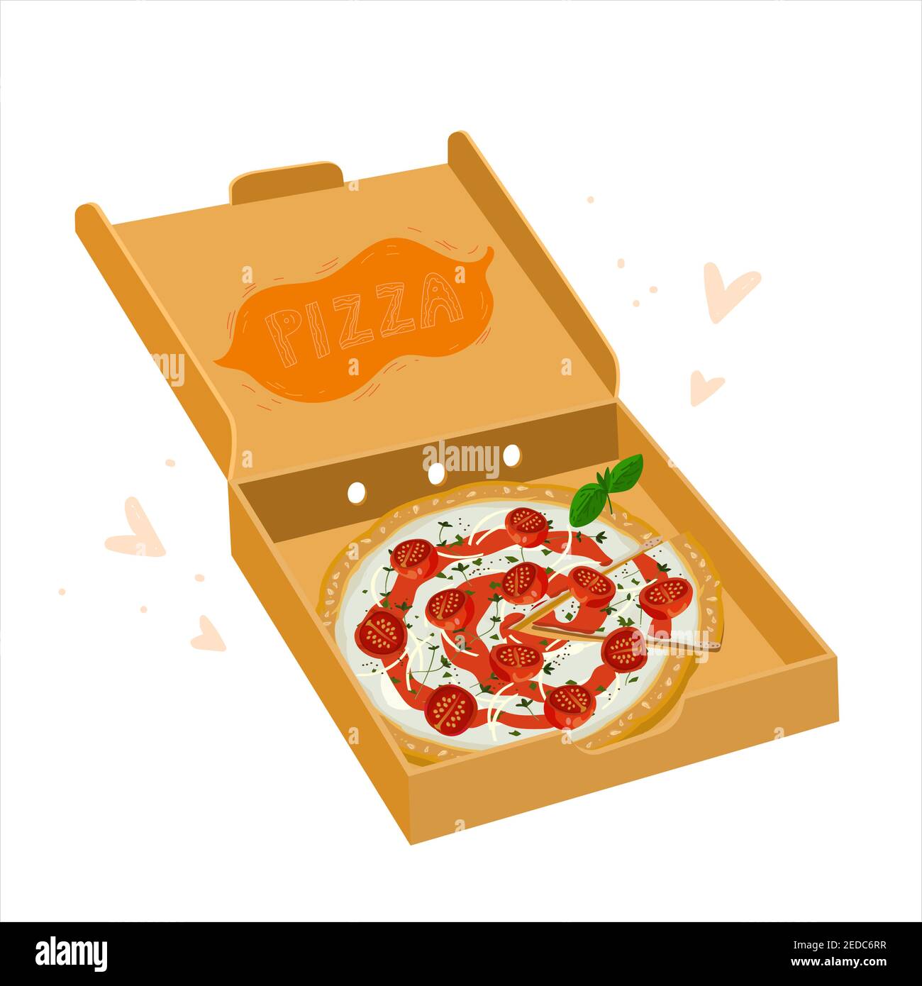 Pizza margherita en caja abierta de cartón. Pizza clásica italiana con tomate cortada. margarita vegetariana, buena para la entrega de comida promocional Ilustración del Vector