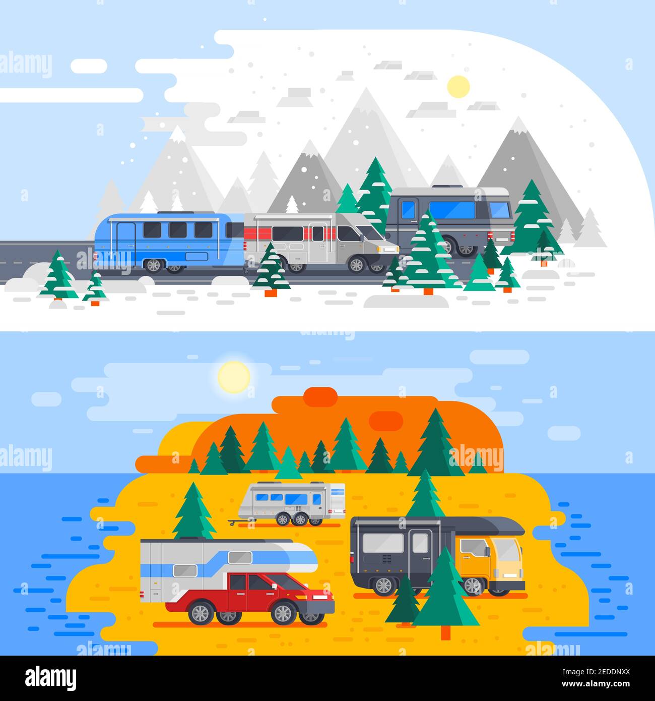 Dos vehículos de recreación de color horizontal con la composición de