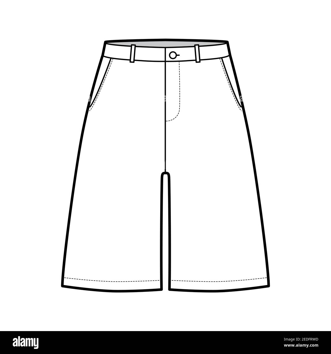 Pantalones cortos Bermudas vestido ilustración técnica de moda con por  encima de la rodilla, cintura baja, subida, bolsillo roto. Plano pie fondo  plantilla frontal blanco estilo de color. Mujeres, hombres CAD mascup
