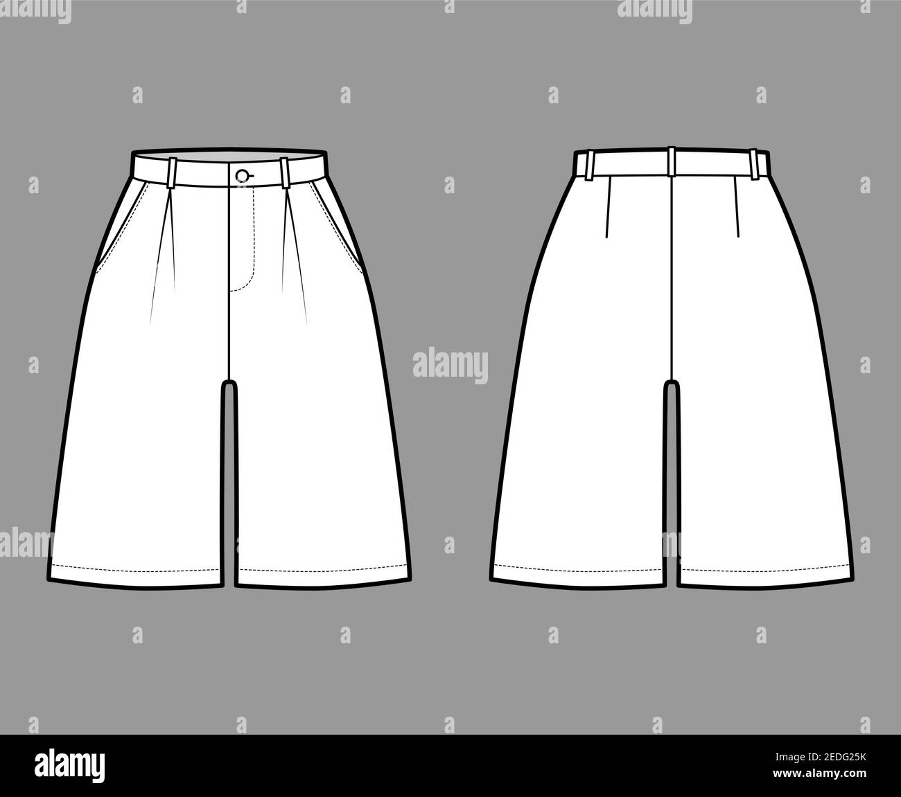 Pantalones cortos de vestir Bermudas técnica ilustración de moda con  longitud por encima de la rodilla, plisado único, cintura normal, talle  alto. Plantilla de fondo plano en la parte delantera, en la