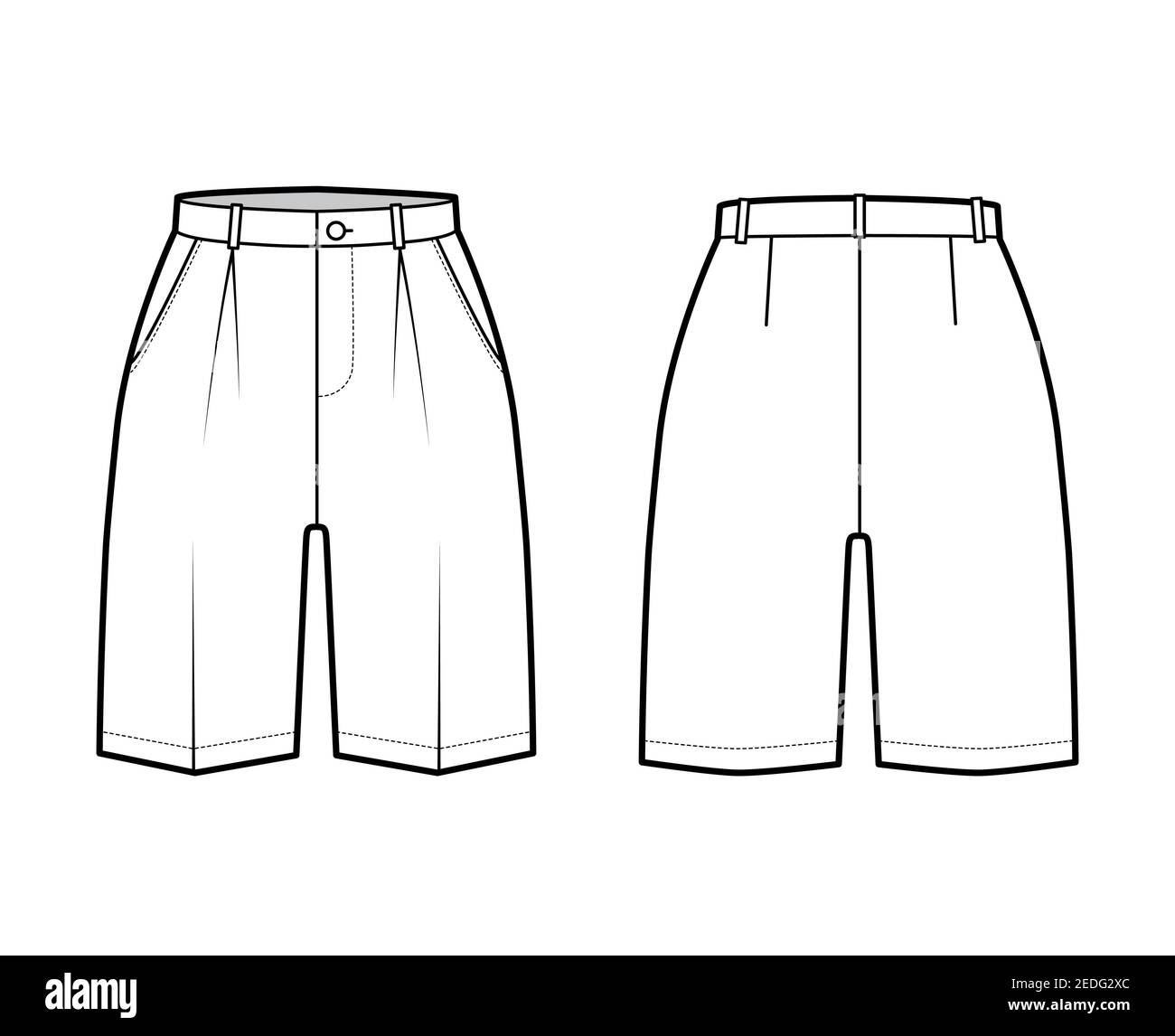 Bermudas corto vestido pantalones ilustración técnica de moda con por encima la rodilla, plisado único, cintura normal, talle alto. Plano pie abajo delante, atrás, de color blanco. Mujeres, hombres CAD