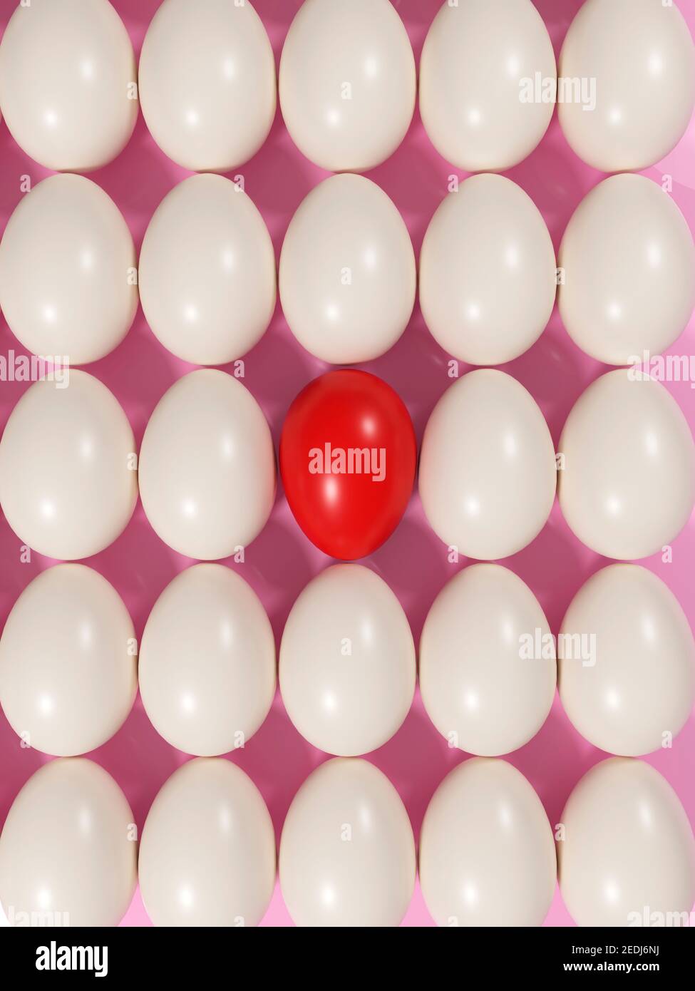 huevos perfectos. entre los huevos blancos perfectos, los diferentes huevos rojos están al revés Foto de stock