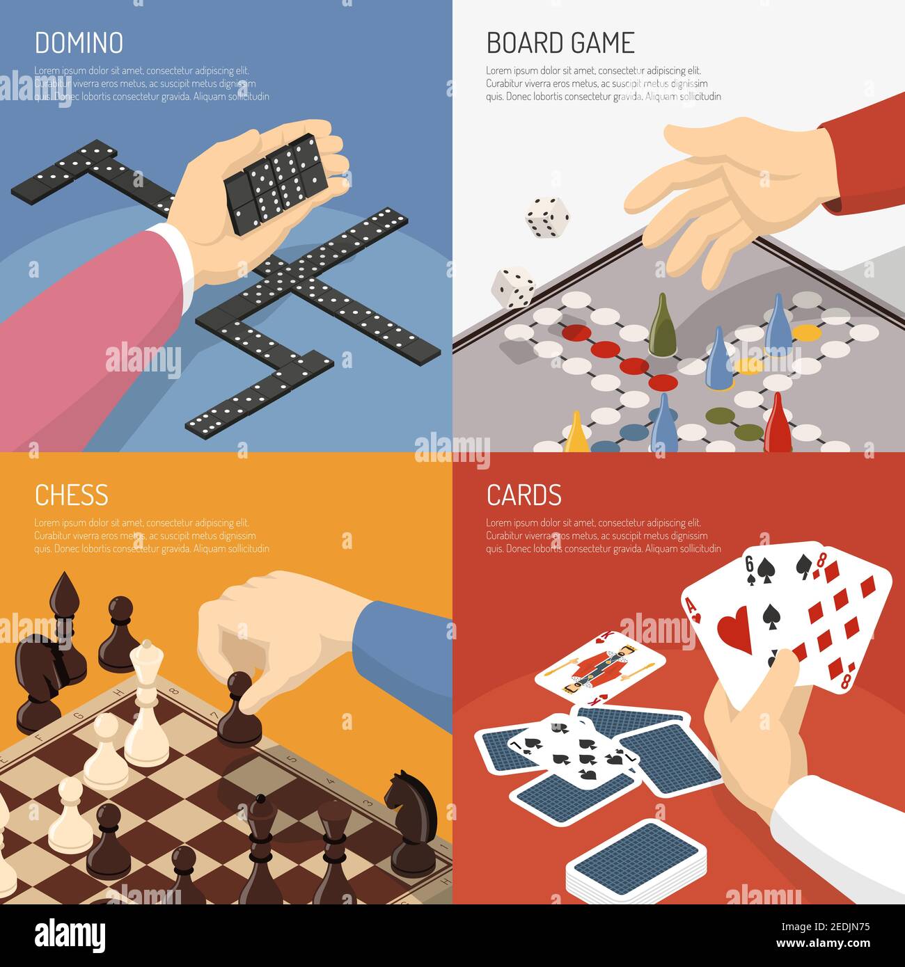 Cuatro juegos de mesa de color cuadrado diseño concepto conjunto con dominó  cartas de ajedrez descripciones ilustración vectorial Imagen Vector de  stock - Alamy