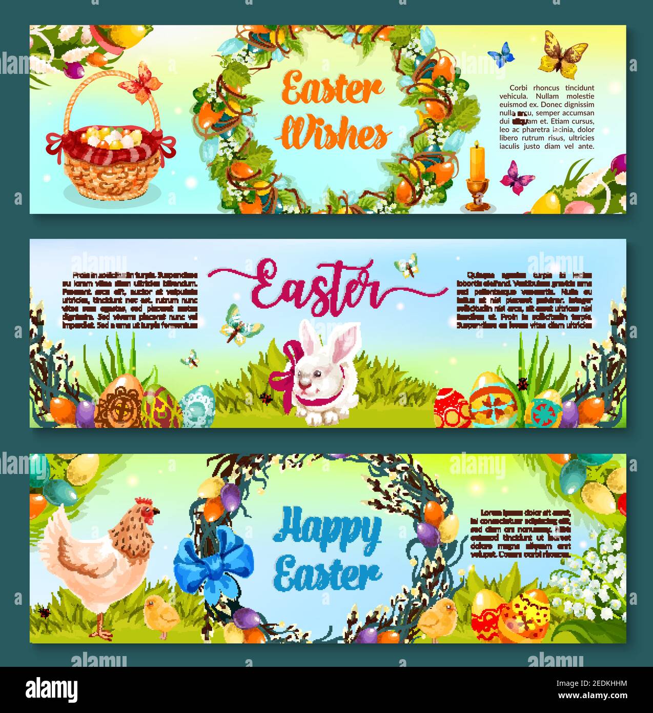 Banner de caricatura de caza de huevo de Pascua. Huevo de Pascua pintado con conejito de conejo y pollo sobre hierba verde, flores de primavera y guirnalda de rama de sauce, adornado Ilustración del Vector