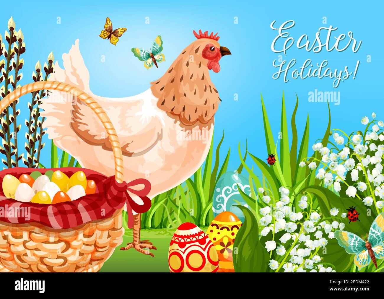 Pollo de Pascua con huevos tarjeta de felicitación. Cesta de caza de huevos de Pascua sobre hierba verde con huevos decorados, pollo, flores de lirio, ramas de sauce y mosca Ilustración del Vector