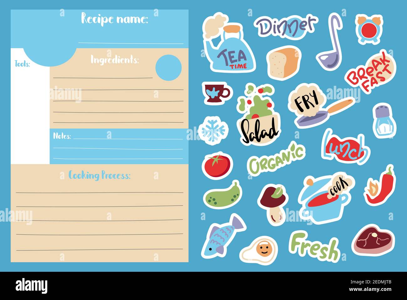 Plantilla de carta de recetas de dibujos animados y pegatinas de cocina de alimentos. Página de libro de cocina en formato vertical tamaño A5. Plantilla de recetas de clase de cocina para Plantilla de carta de recetas de dibujos animados y pegatinas de cocina de alimentos. Página de libro de cocina en formato vertical tamaño A5. Plantilla de recetas de clase de cocina para