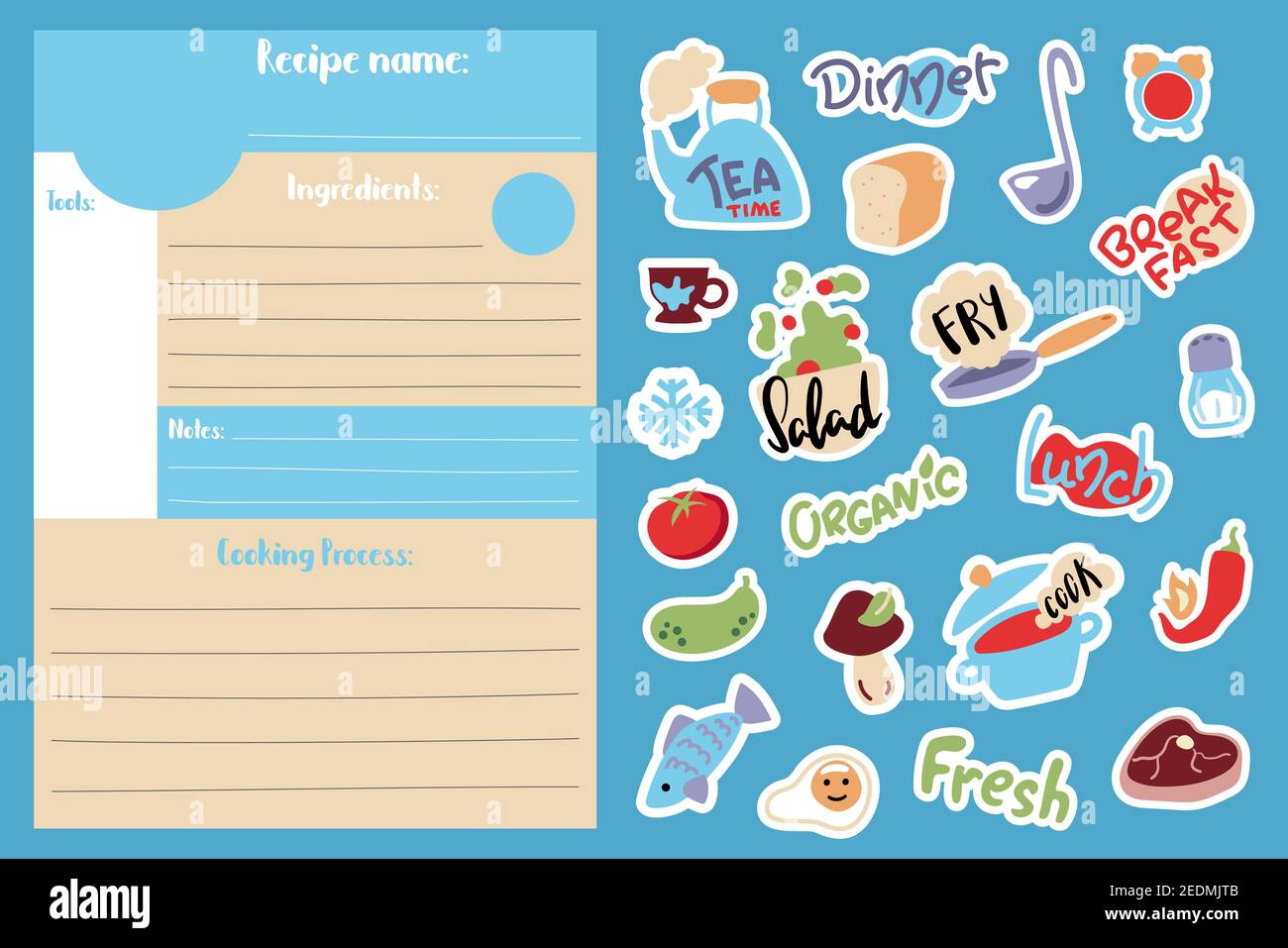 Plantilla de carta de recetas de dibujos animados y pegatinas de cocina de  alimentos. Página de libro de cocina en formato vertical tamaño A5.  Plantilla de recetas de clase de cocina para
