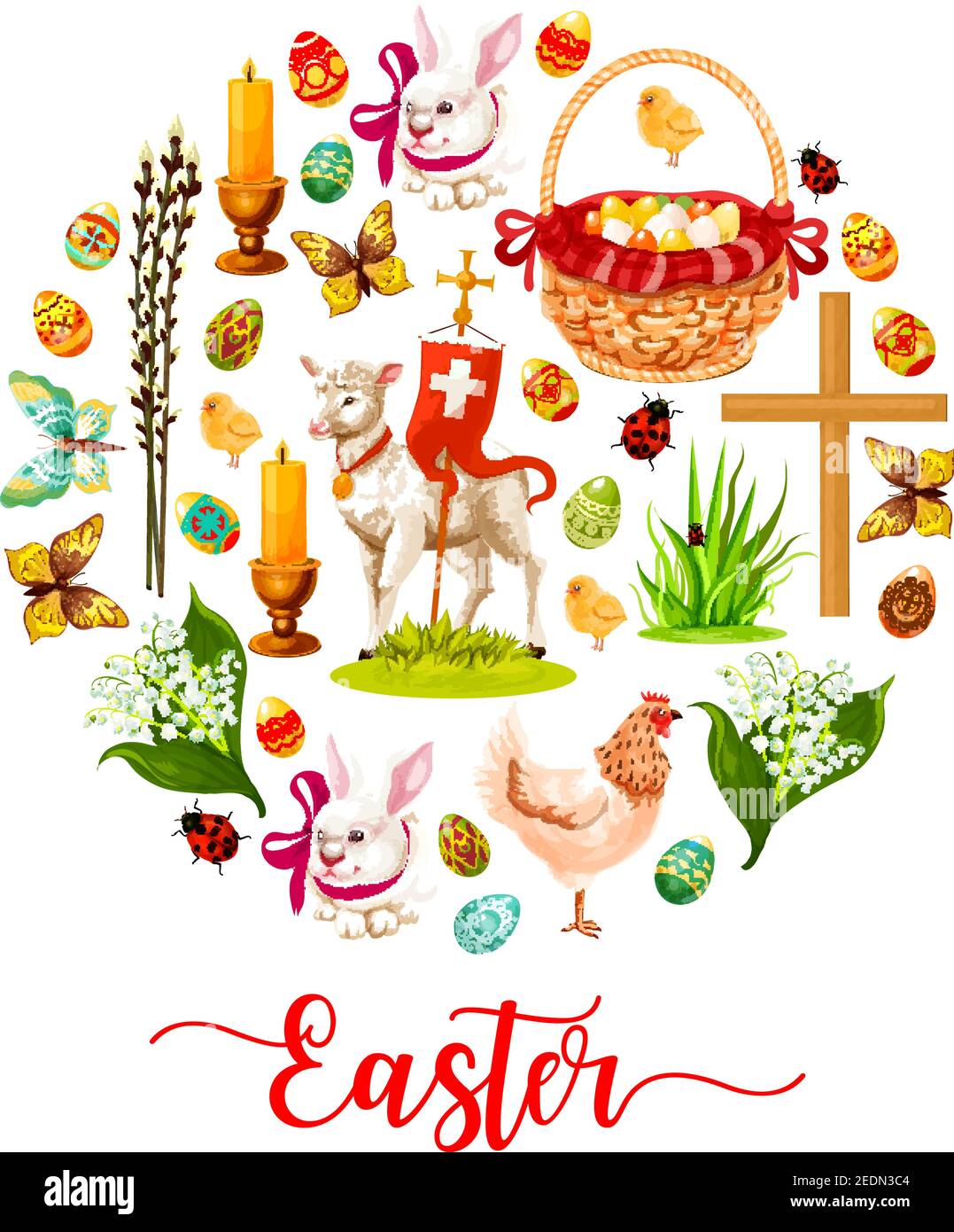 Póster redondo de Pascua compuesto de conejito de conejo de dibujos  animados con cinta, huevo de Pascua, flor de primavera, cesta de caza de  huevos, pollo, pollito, cordero de Dios, cruz, candel