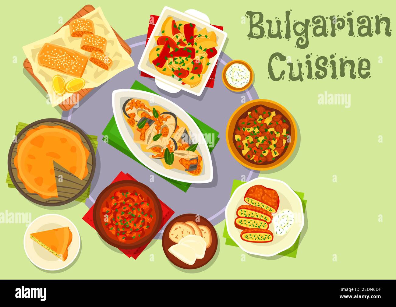 Cocina búlgara deliciosa cena icono de pimiento relleno con queso y  hierbas, salsa de tomate pimentón, pescado al horno con tomate, pastel de  cebolla de patata, verduras de ternera Imagen Vector de