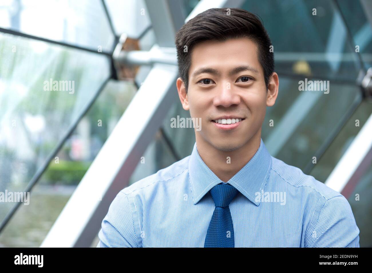 Retrato de un joven y sonriente hombre de negocios tailandés-chino asiático en el cargo salón Foto de stock